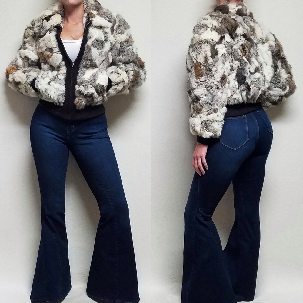 70s Vintage Multi-color Patchwork Sectioned Rabbit Fur Cropped Bomber Jacket M